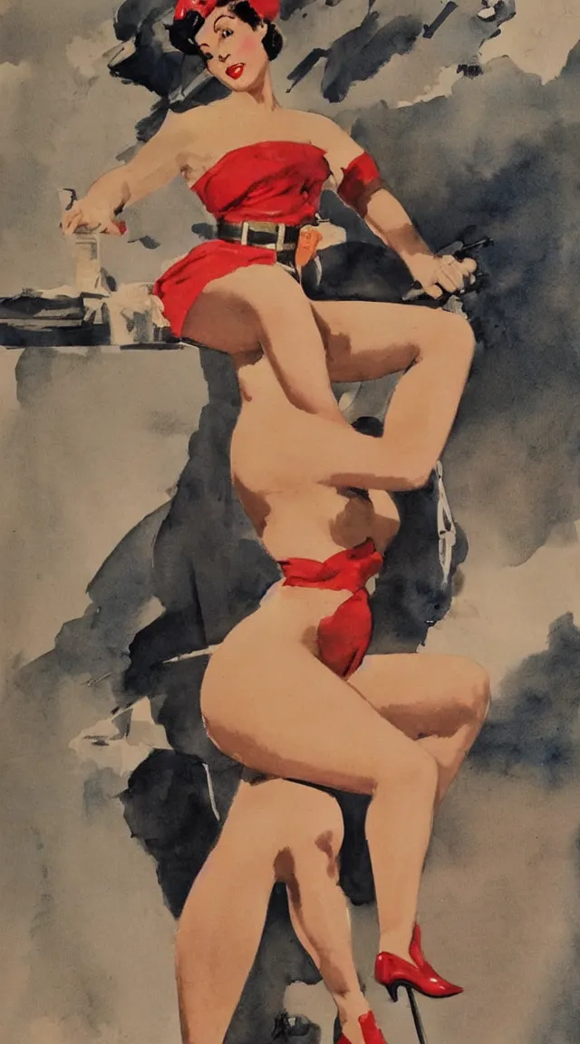 Image similar to a portrait full body pin up post war dressing a military unioform,with, water color, Gil Elvgren style