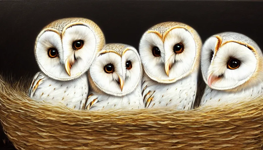 Image similar to highly detailed painting of cute furry white baby barn owls wearing shades cuddling up in a basket by william turner, thick brush strokes and visible paint layers, 4 k resolution