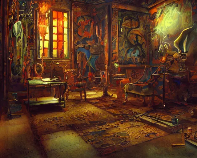 Image similar to a painting of a confusing maximalistic room, an airbrush painting by breyten breytenbach, striking lighting, cgsociety!, neo - primitivism