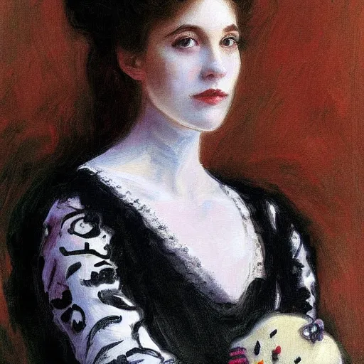 Prompt: painting portrait young woman skeleton, hello kitty, elegant, highly detailed, art by Singer Sargent