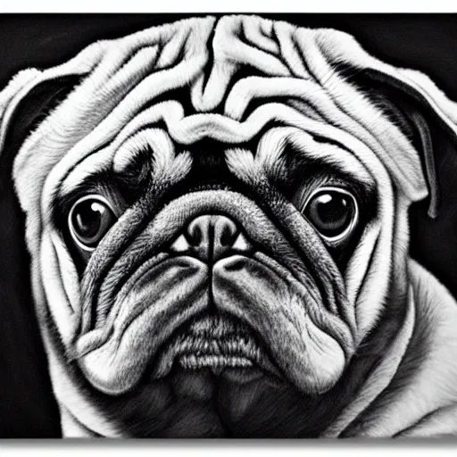 Image similar to a gigachad pug, black and white, intricate, masterpiece, stunning, oil painting