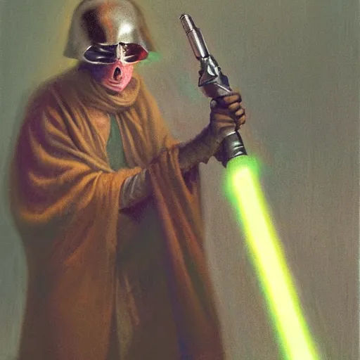 Prompt: gonzo jedi master cleaning his lightsaber in the style of odd nerdrum