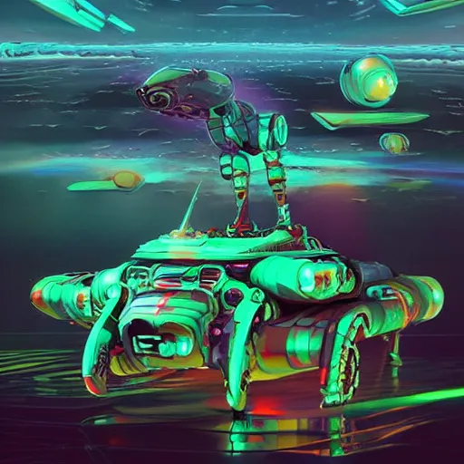 Prompt: futuristic amphibious combat mecha in the style of beeple, h. r. giger, lisa frank, submarine