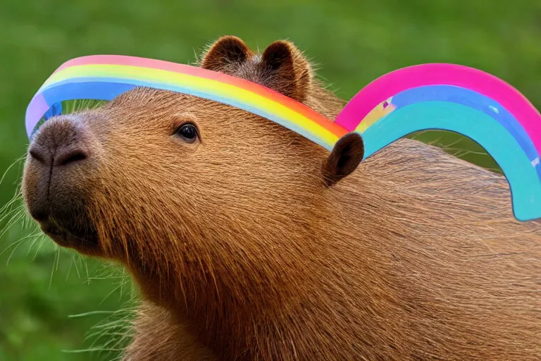 Prompt: a capybara wearing wire rimmed sun glasses with a rainbow behind him, head and shoulders, laughing at a crossroads