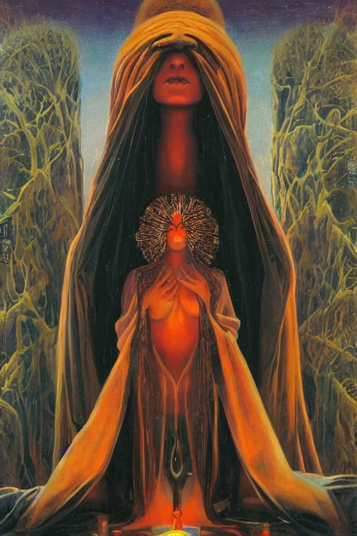 Image similar to gorgeous robed cult girl performing realism third eye ritual, dark theme night time, expanding energy into waves into the ethos, epic surrealism 8k oil painting, portrait, depth of field, perspective, high definition, post modernist layering, by Ernst Fuchs, Gerald Brom