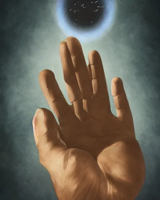 Image similar to a hand emerging from a portal in the sky, digital illustration by robbie trovino, detailed, gorgeous lighting, wide angle action dynamic portrait