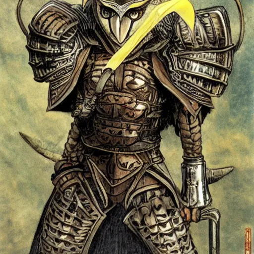 Image similar to barn owl warrior wearing an armor,small horns like a crown in the head, by Takeshi Obata