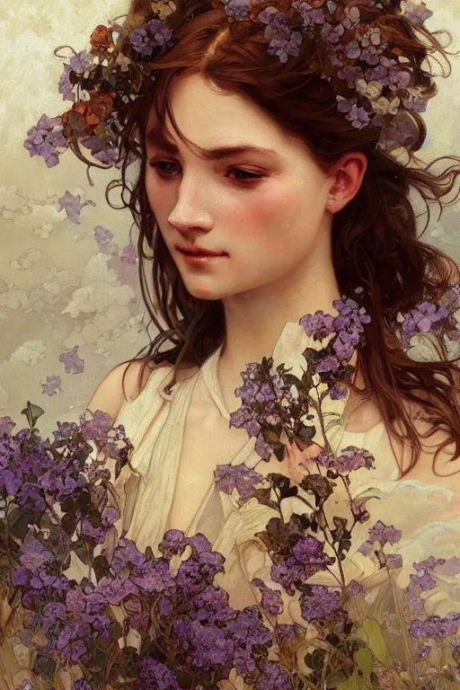 Prompt: hyperrealism, close - up fashion woman portrait airy flowers clouds illustration art by alphonse mucha greg rutkowski craig mullins