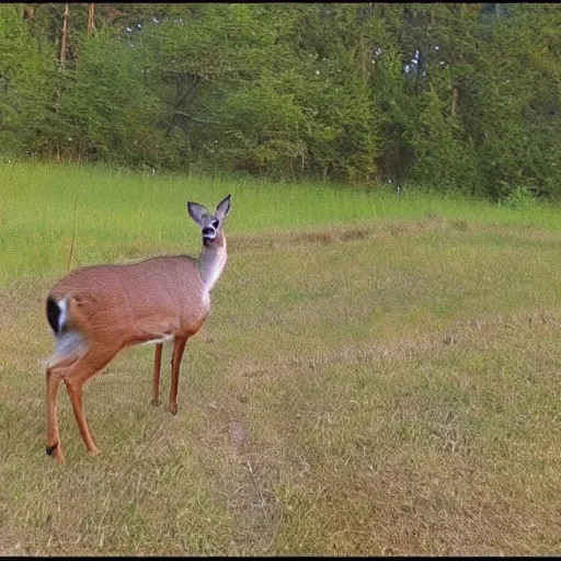 Prompt: trail cam footage of a deer with no head, low quality cursed video