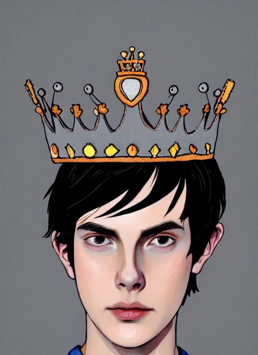 Image similar to portrait of teenage jughead jones wearing a light grey crown, photorealistic, crown made of fabric, crown with pin badges, crown with pins, crown made of felt, black hair, intricate, elegant, highly detailed, digital painting, glowing lights, artstation, concept art, smooth, sharp focus, illustration, art by wlop, mars ravelo and greg rutkowski