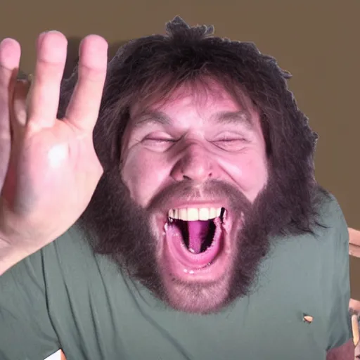 Prompt: police bodycam footage of laughing caveman