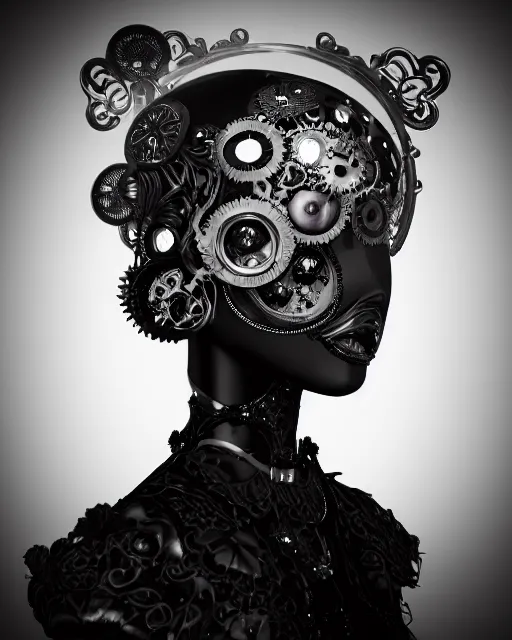 Image similar to black and white dreamy foggy smoky profile face portrait, one silver steampunk realistic eye biomechanical beautiful young female cyclope - cyborg - robot bust, body ribs meshes,, volumetric light, hibiscus flowers, by hg giger, rim light, by dora maar and cecile beaton, big gothic fashion pearl embroidered collar, 8 k
