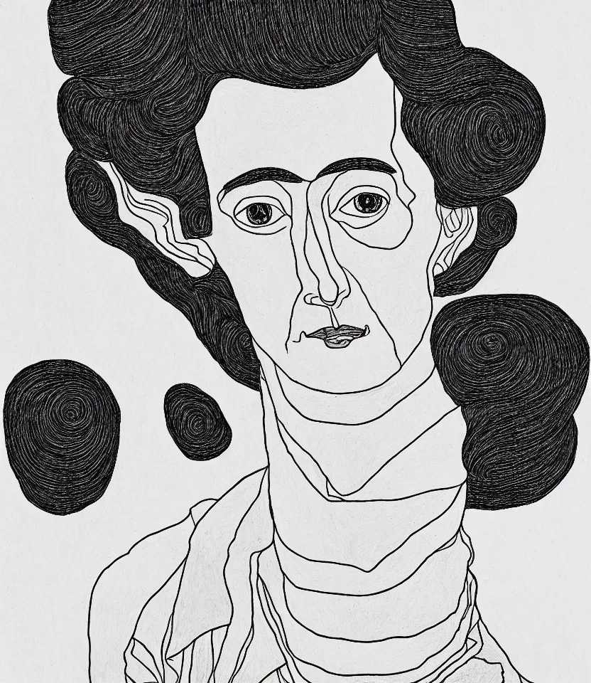 Prompt: detailed line art portrait of emily dickinson, inspired by egon schiele. caricatural, minimalist, bold contour lines, musicality, soft twirls curls and curves, confident personality, raw emotion