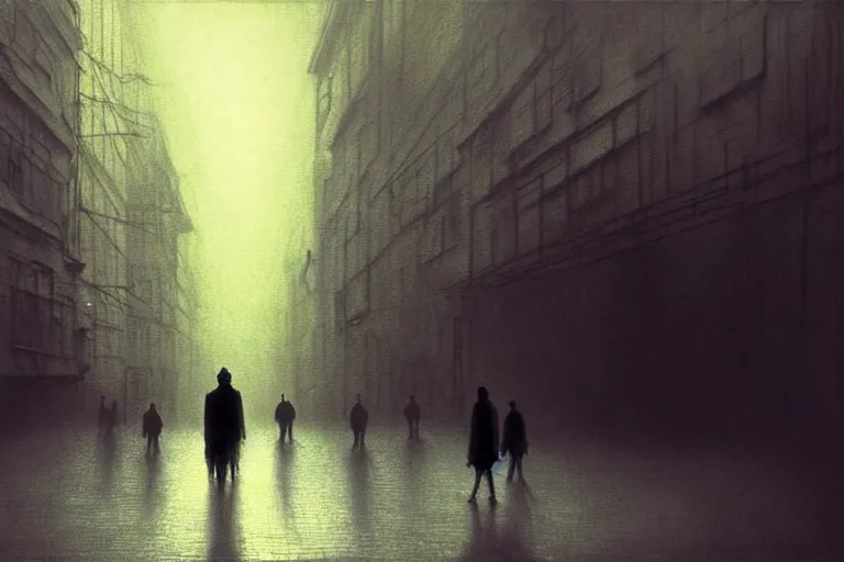 Image similar to people walking on city street, in the style of beksinski, solarpunk, atmospheric, clean, intricate and epic composition, gray by caravaggio, insanely quality, highly detailed, masterpiece, white light, artstation, 4 k