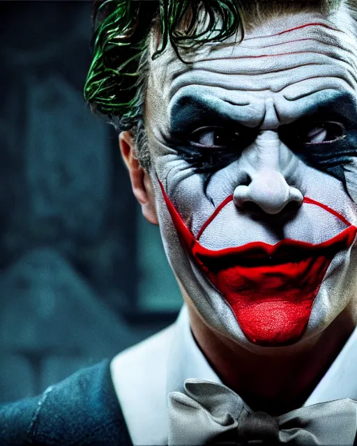 Image similar to Christoph Waltz as The Joker in gotham city, dynamic lighting, realistic, 8k HDR