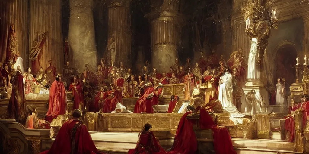 Image similar to beautiful oil painting, steve buscemi in royal crimson robes enthroned as the god emperor of ancient rome surrounded by servants in gilded halls a golden wreath upon his head, by anders zorn, wonderful masterpiece by greg rutkowski, beautiful cinematic light, american romanticism, by thomas lawrence, greg rutkowski