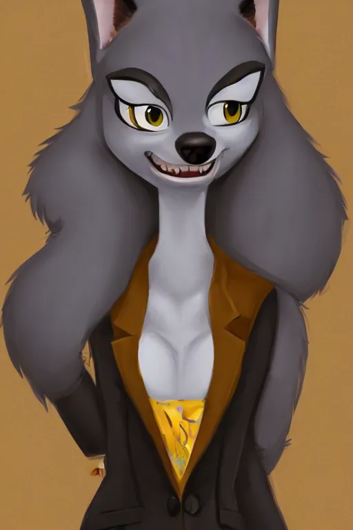 Prompt: oil painting concept art of anthromorphic female wolf, in style of cory loftis, female fursona, furry, furaffinity, 4 k, deviantart, furry art, fursona art, wearing black business suit, business suit, in style of zootopia, wolf fursona, cyberpunk, female, very expressive detailed feminine face,