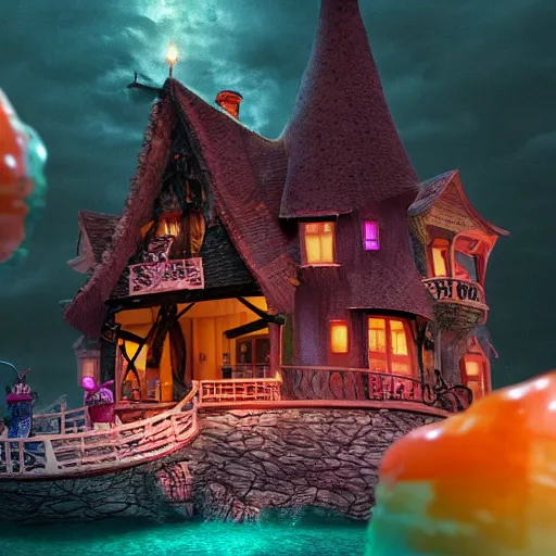 Prompt: a witches house made out of candy on the ocean, epic scene, fantasy, redshift render, cgi, hyper - detailed, photo - bash, 8 k post - production, masterpiece