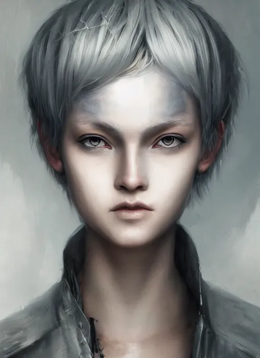 Prompt: girl with short white hair, tattered grey cloak, metallic asian conical hat, beautiful highly detailed face, beautiful painting by artgerm and greg rutkowski and raymond swanland