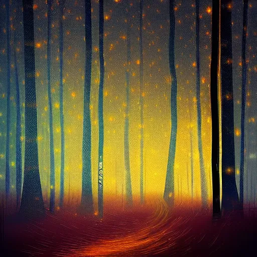 Prompt: forest at night with floating lights by Alena Aenami