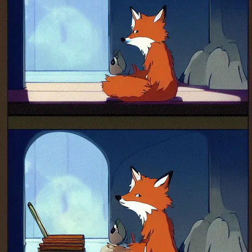 Prompt: the scene where a fox reads tarot cards in studio ghibli's spirited away