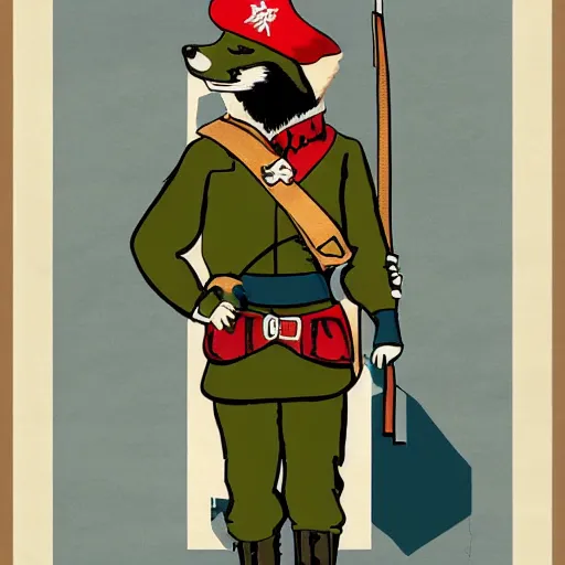 Image similar to fox animal dressed as a soldier in the style of a patriotic propaganda poster