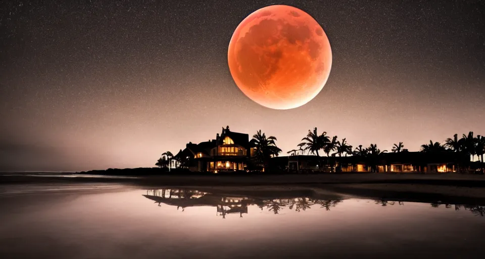 Prompt: picture of a blood moon gleaming over a mansion by the beach shore line, nighttime, black sky, water reflection, waves, dslr, 4 k, flickr, high quality, dramatic lighting, cinematic, scary