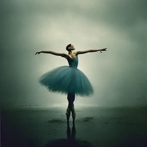 Image similar to portrait of a ballerina, dancing in the rain, cinematic light and reflections, beautiful dreamy lighting, by annie leibovitz,