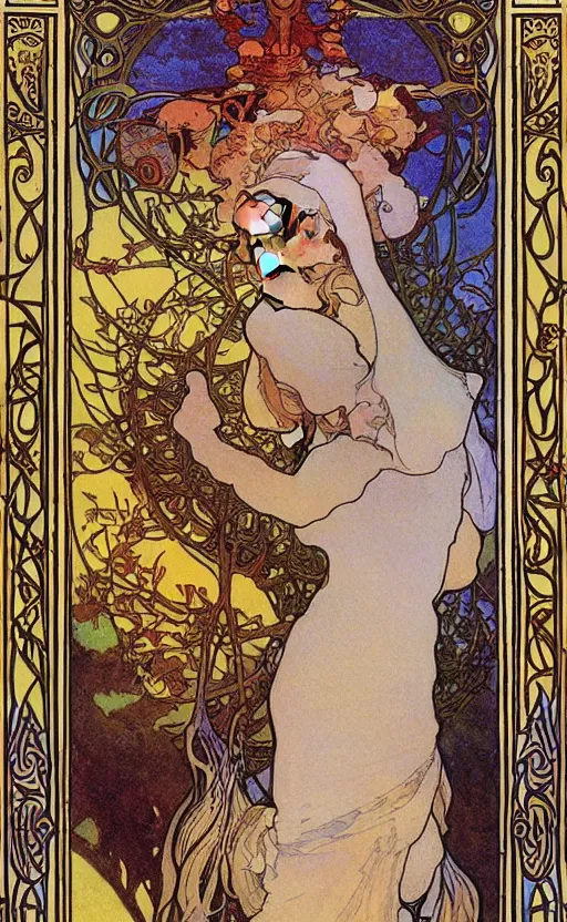 Image similar to the fool, tarot, beautiful border, by alfons maria mucha, highly detailded