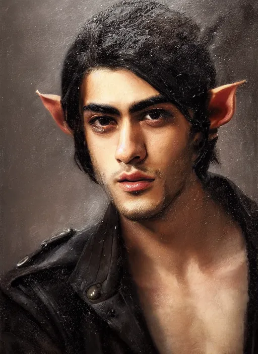 Prompt: head and shoulders portrait painting of young man who looks like zayn malik as an elf by jeremy mann, wearing leather napoleonic military style jacket, only one head single portrait, pointy ears, black background, soft top lighting, dark and moody, shadowed, contrast