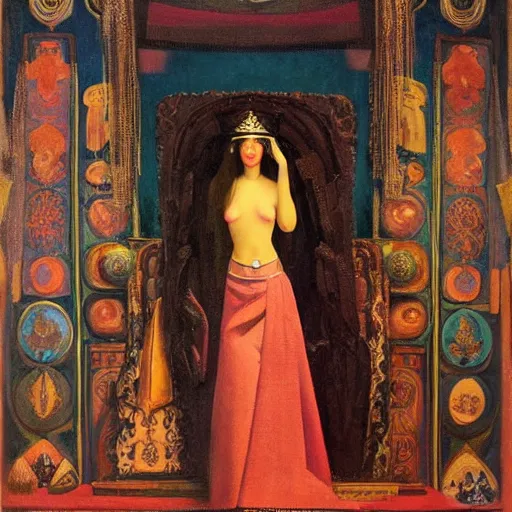 Image similar to an oil painting a queen standing in a throne room by nicholas roerich, by gustave moreau, by james hawe, by frank frazetta, by georgia o keeffe, oil painting