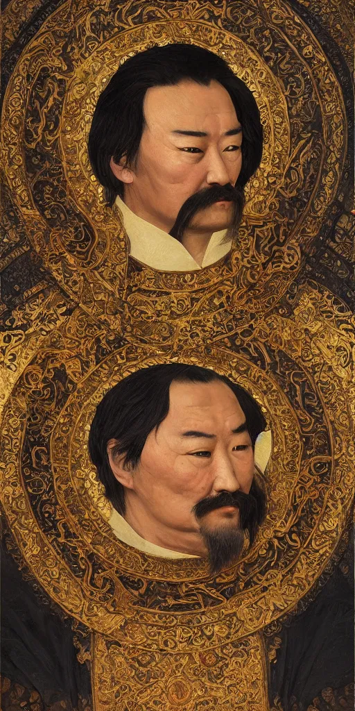 Image similar to a stunning and noble highly detailed romantic period style portrait of Genghis Khan by Josep Tapiró Baró, trending on artstation, oil painting masterpiece, symmetry, fractals, Mongolian iconography