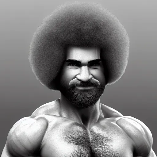 Image similar to hyperdetalied portrait of muscular Bob Ross, black and white, photography studio, 8k, trending on artstation,