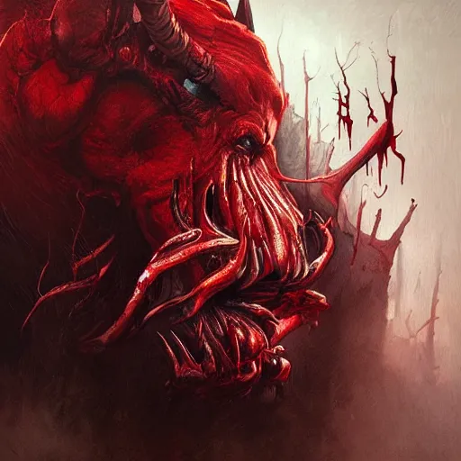 Image similar to Dark Fantasy Painting of a muscular red beast with blood dripping from its mouth, creepy, unsettling, horror, upper body, intricate, wild, highly detailed, digital painting, artstation, concept art, smooth, sharp focus, illustration, art by artgerm and greg rutkowski and alphonse mucha