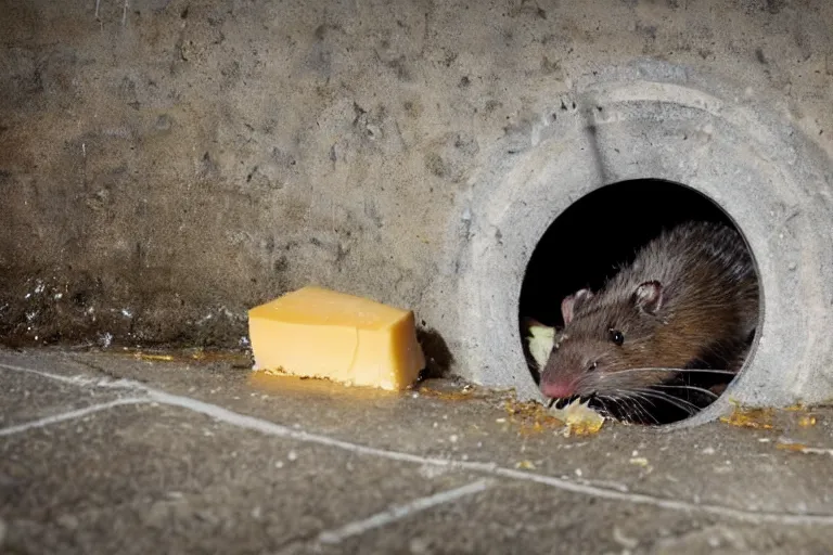 Image similar to a giant rat eating cheese in a sewer, photograph, terror, horror, mutant,