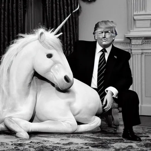 Prompt: an award winning pulitzer price analog photograph of donald trump and vladimir putin! sitting on a unicorn. wide angle