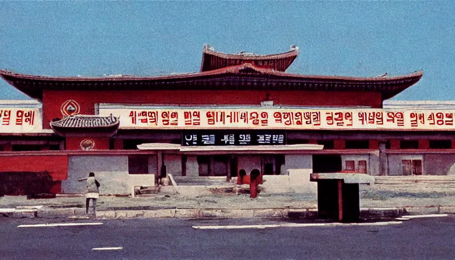 Prompt: 70s movie still of empty north-korean restaurant palace with propaganda fresco, eastmancolor, heavy grain, high quality, higly detailed