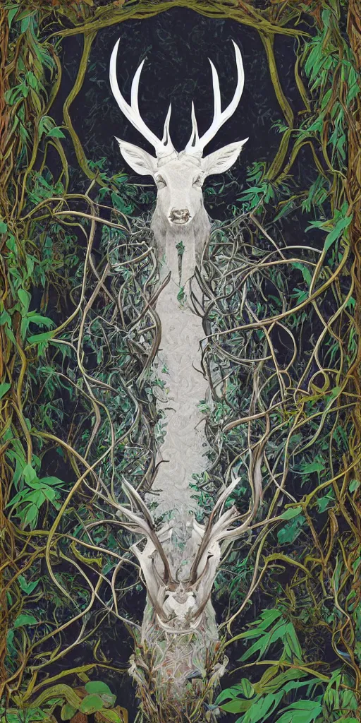 Image similar to highly detailed portrait of a white stag with vines entwined with its antlers by roger dean and alena aenami, dynamic lighting