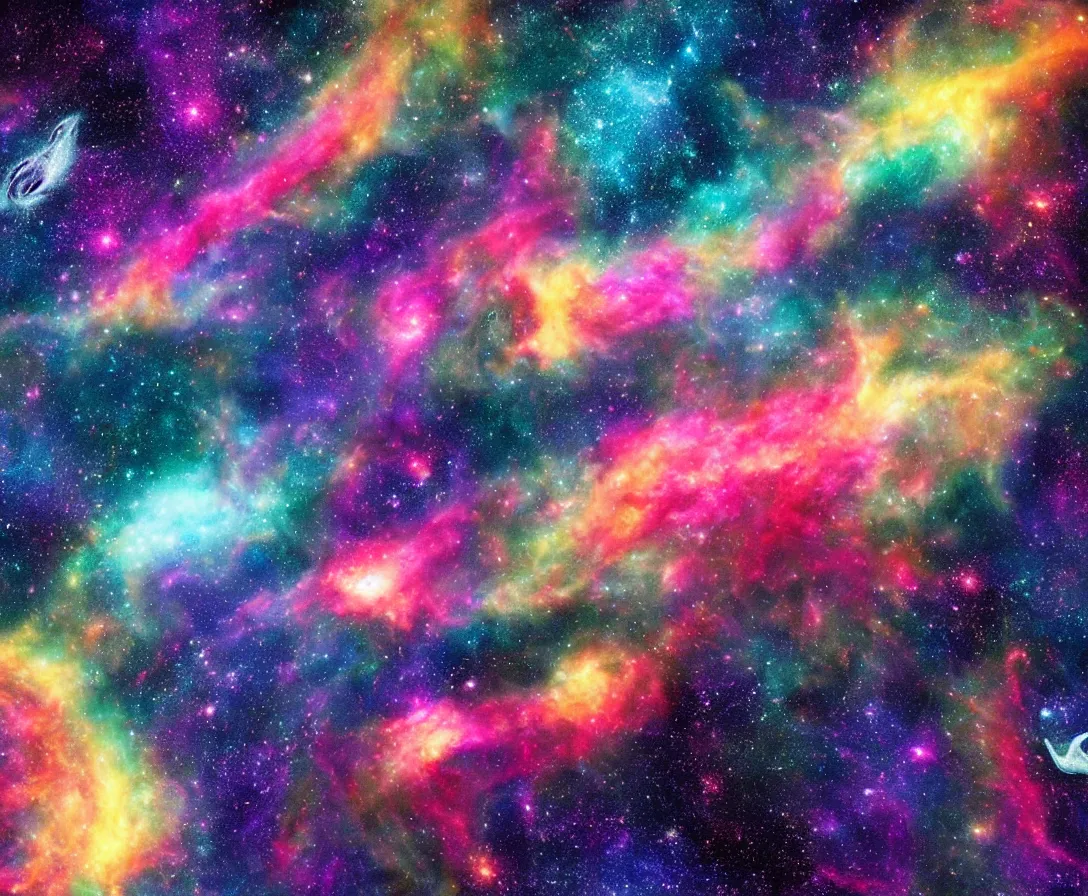 Prompt: giant space whales floating through a colorful nebula