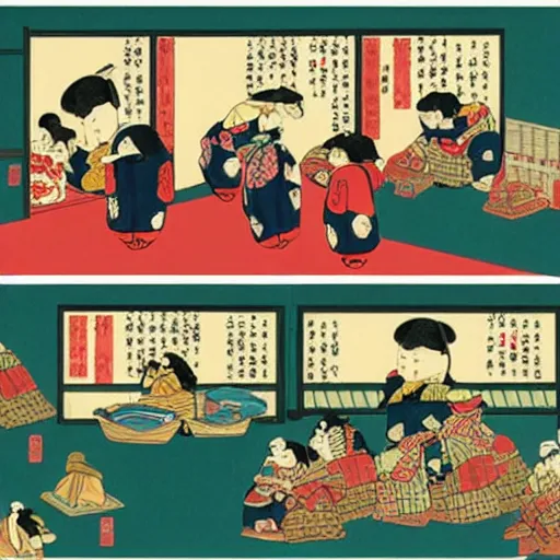 Image similar to Teddy bears shopping for groceries in the style of ukiyo-e