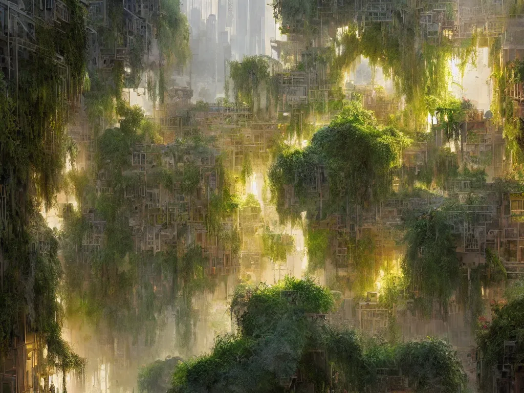 Image similar to the green city of babylon with its wonderful hanging gardens at dawn, intricate, elegant, volumetric lighting, digital painting, highly detailed, artstation, sharp focus, illustration, concept art, ruan jia, steve mccurry