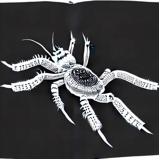 Image similar to book illustration of a tarantula with a machine gun mounted on its back. book illustration, monochromatic, white background, black and white image