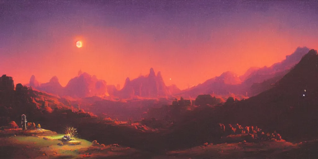 Image similar to a paul lehr narrow night landscape with far away mountains