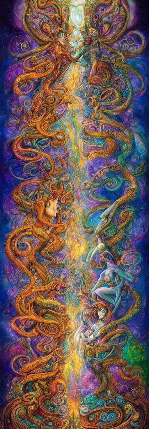 Image similar to two psychedelic shamans intertwined in a cosmic entanglement by Josephine Wall and Daniel Merriam, Artstation