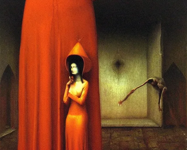 Image similar to devotion to the scarlet woman, priestess in a conical hat, coronation, ritual, sacrament, by francis bacon, beksinski, bosch, mystical redscale photography, opulence, luxury, maximalism.