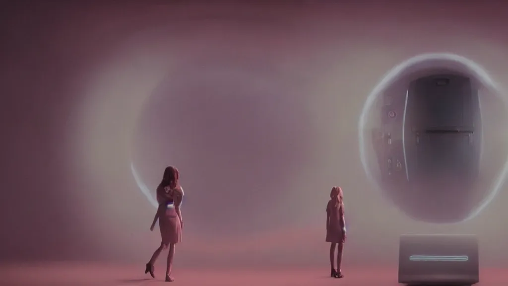 Image similar to movie scene of a girl standing in front of a multiverse machine, movie still, cinematic composition, cinematic light, pastel color scheme, by David Lynch