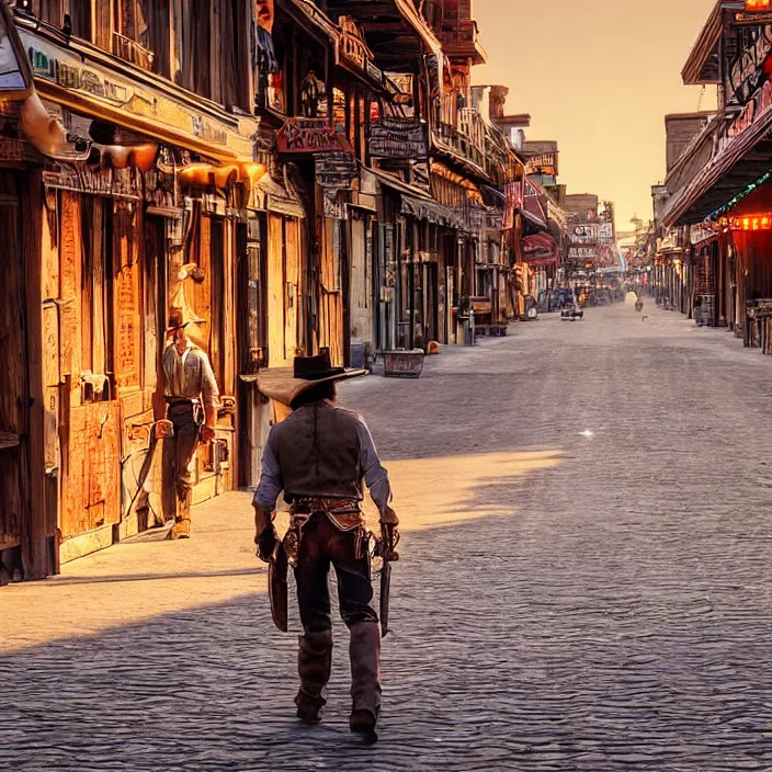 Image similar to a sunset light historical wild west broad empty street, duel between two cowboys, cowboy seen from the back, lots of sparkling details and sun ray's, blinding backlight, smoke, volumetric lighting, colorful, octane, 3 5 mm, saloon exterior, empty old town street, beautiful epic colored reflections, very colorful heavenly, softlight