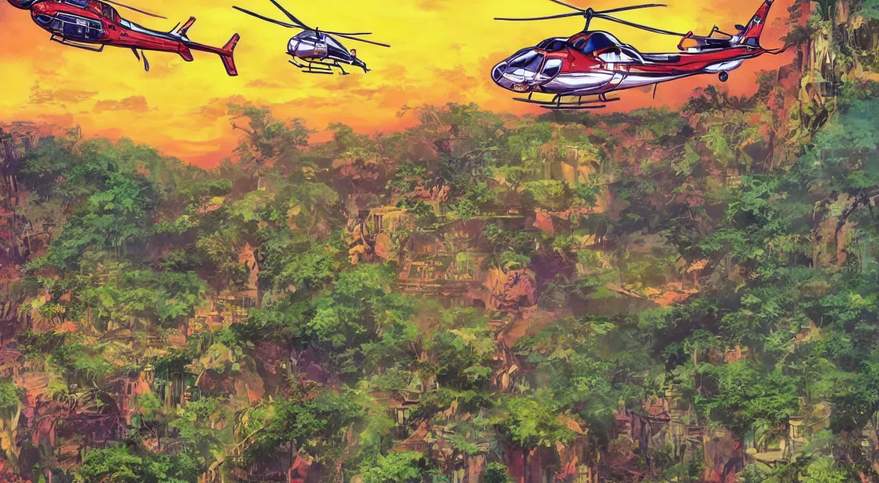 Image similar to helicopters flying low over jungle mountains sunset sky rice patties beautiful artstation 4 k breathtaking illustration cartoon by jack kirby