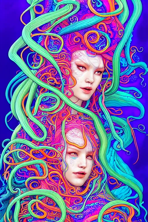 Image similar to A sea goddess with colorful tentacles hair having an extremely colorful psychedelic experience, warping time and space, magic mushrooms, psilocybin, LSD, face, detailed, intricate, elegant, highly detailed, digital painting, artstation, concept art, smooth, sharp focus, illustration, art by Krenz Cushart and Artem Demura and alphonse mucha, Octane render, unreal engine, 8K