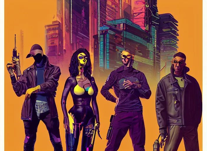 Image similar to cyberpunk heist crew. portrait by stonehouse and mœbius and will eisner and gil elvgren and pixar. character design. realistic proportions. dystopian. cyberpunk 2 0 7 7, apex, blade runner 2 0 4 9 concept art. cel shading. attractive face. thick lines.